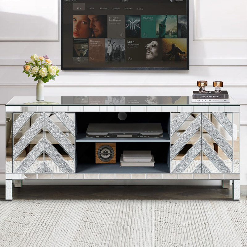 Meuble télé en miroir pour téléviseur de 65 pouces et plus, console de télévision avec rangement ouvert et 2 armoires de rangement, portes de miroir en forme de M pour le salon