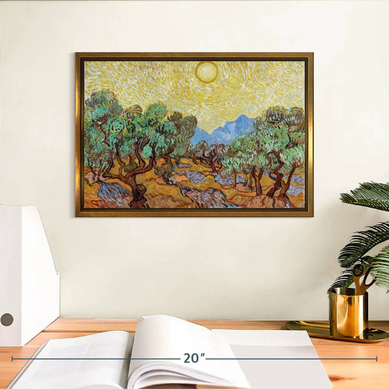 Oliviers avec ciel jaune et soleil, 13 po x 9 po, Cadre flottant doré