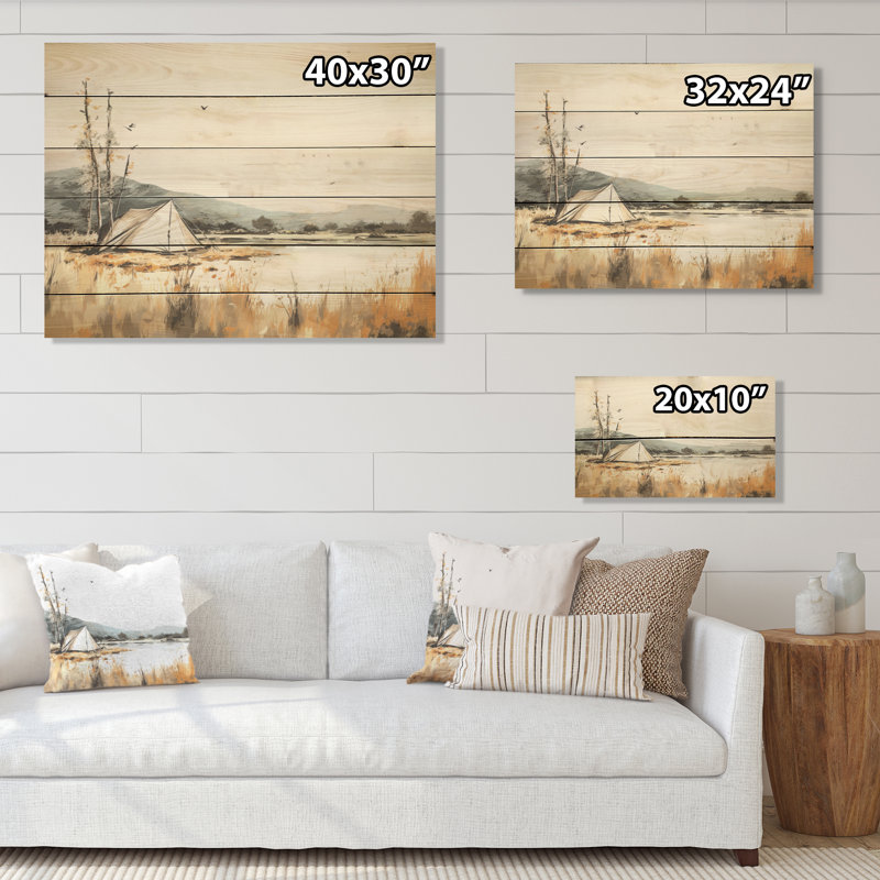 Camping By The Lake Scenery - Camping Travel Wood Wall Art On Natural Pine Wood, 10" H x 20" W