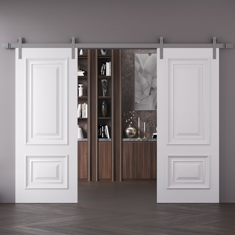 Double porte de grange | Émail blanc IMPERial 1822 | Ensemble de rail argenté | Portes intérieures solides, 84 po x 96 po