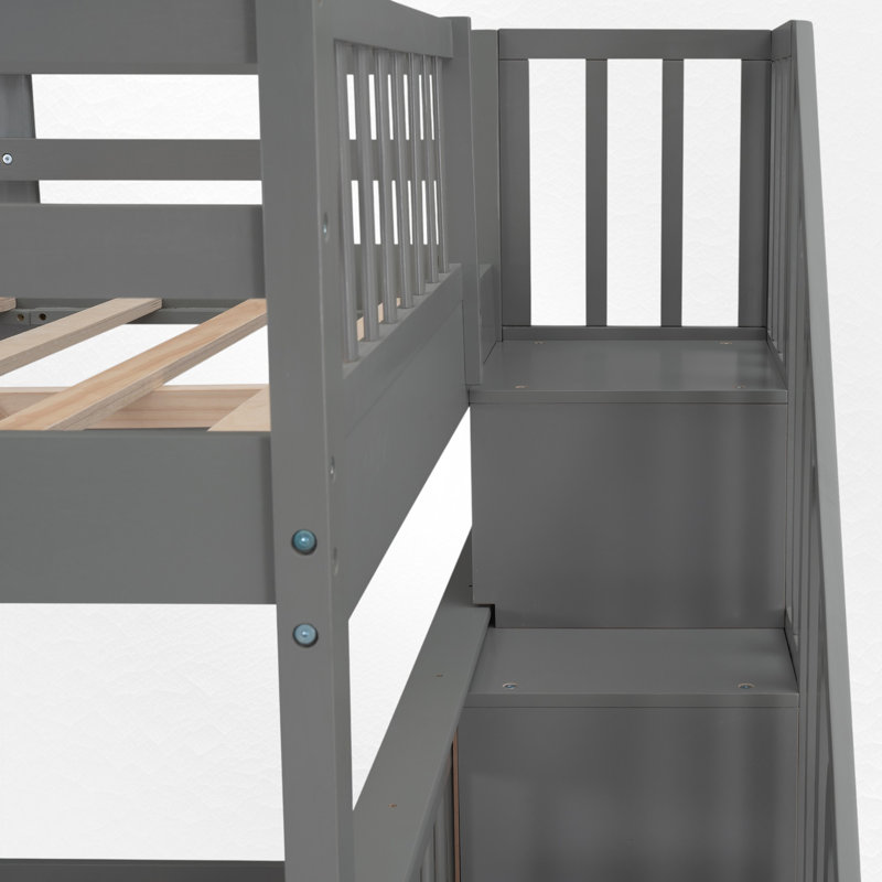 Lit superposé en bois avec escalier de rangement, Gris, Double sur double
