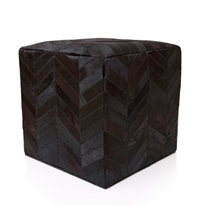 Handmade Black Cowhide Leather Ottoman Pouf 18X18 Chevron Patchwork