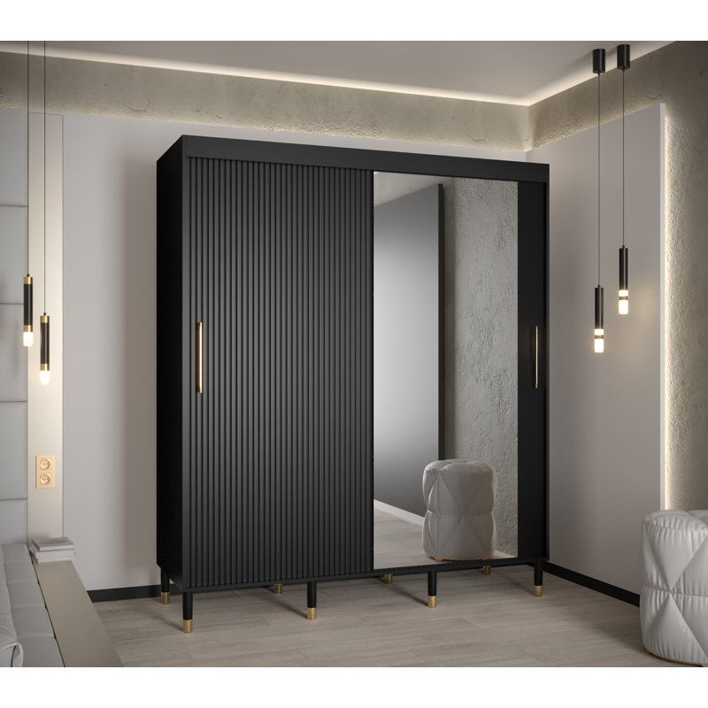 Allyza 2 Door Manufactured Wood Wardrobe, Black, 208cm H x 180cm W x 62cm D