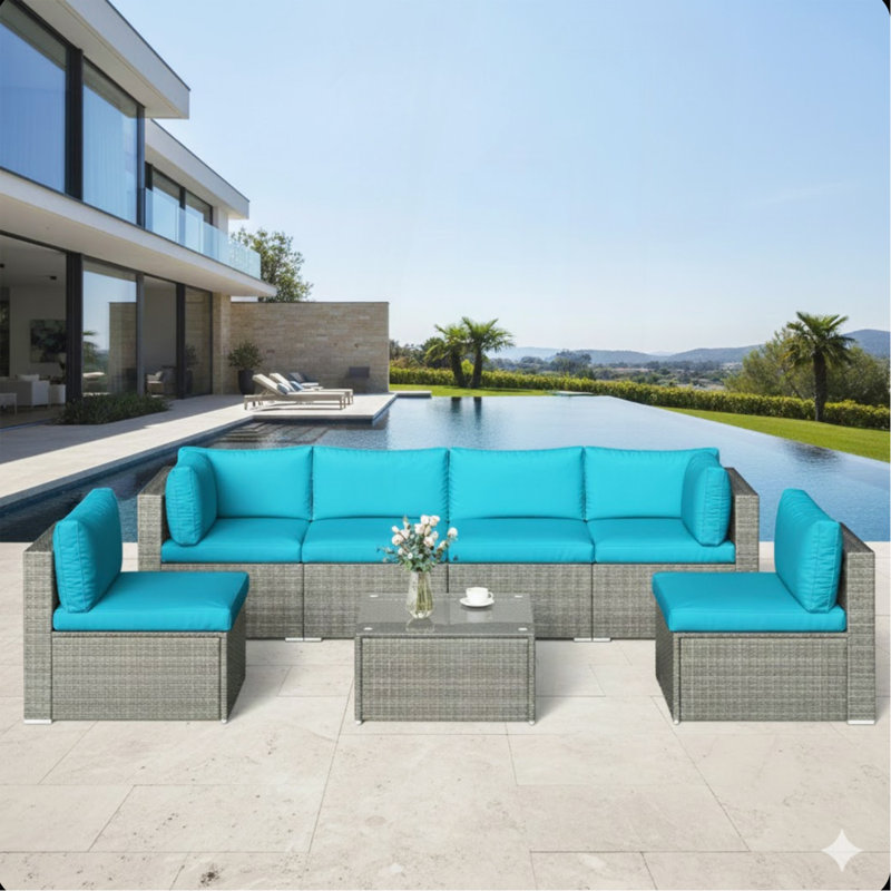 Ensemble de patio 7 pièces en osier gris avec coussins amovibles bleu clair et table basse en verre pour l'extérieur, la piscine et la cour