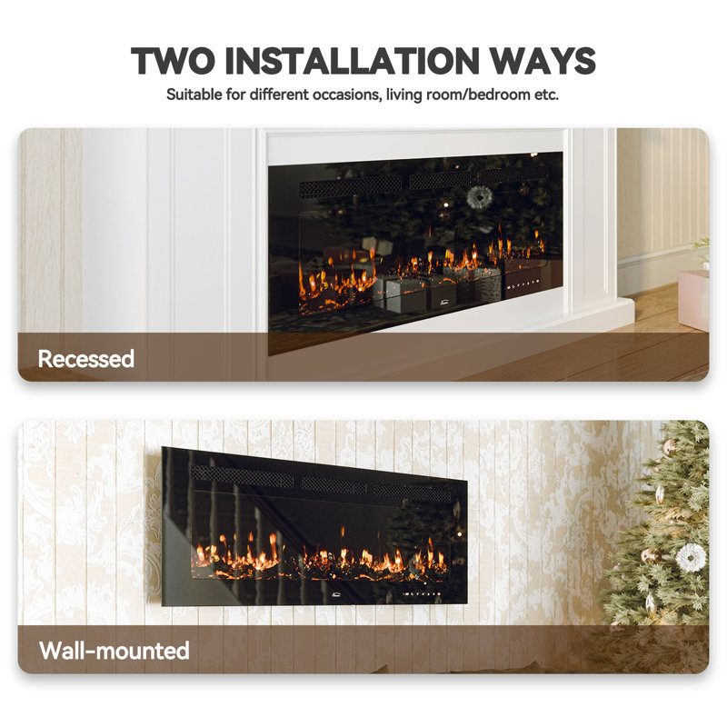 Foyer électrique encastré mural de 50 pouces avec télécommande, minuterie, 12 flammes, écran tactile, foyer linéaire avec foyer et cristal pour le salon