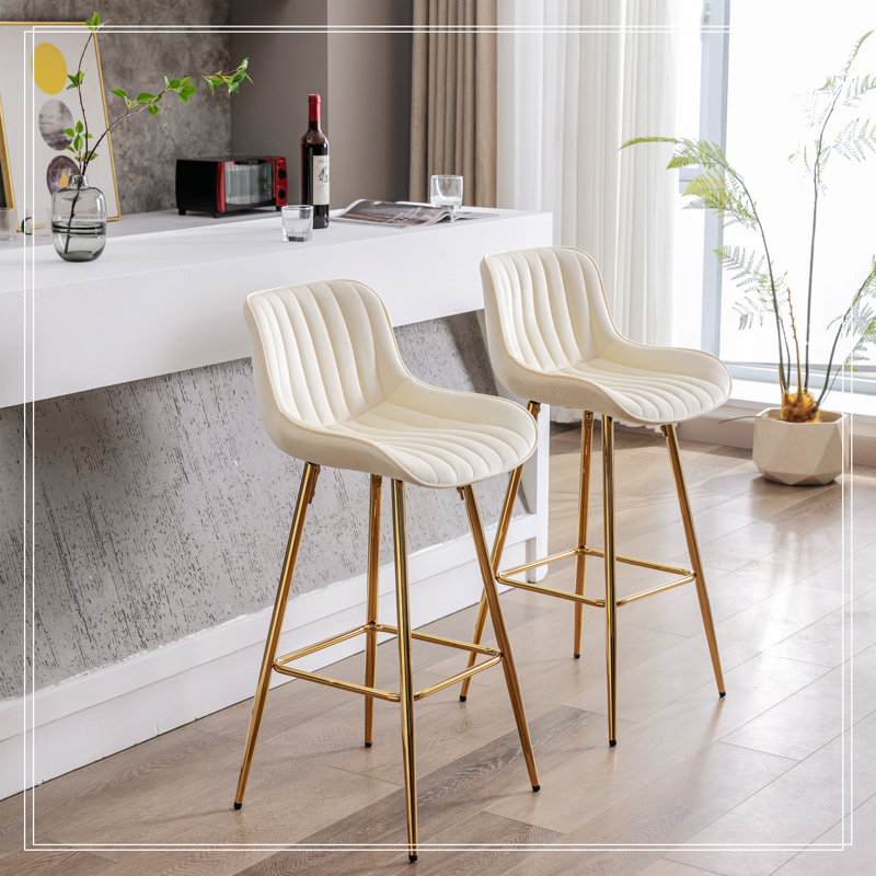 Amyris 30 inch Set of 2 Bar Stools,with Chrome Footrest Velvet Fabric Counter Stool Golden Leg Simple High Bar Stool, Cream