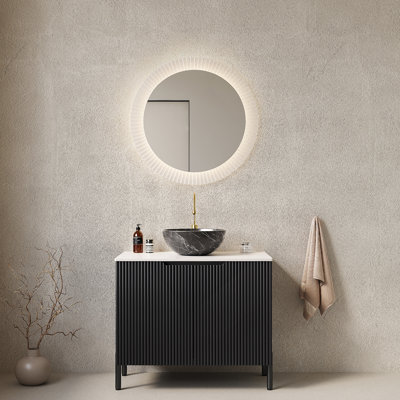 Meuble-lavabo de salle de bain 30 po avec lavabo, meuble de rangement autoportant avec 2 portes, lavabo en céramique avec motif en pierre et comptoir en pierre frittée blanc Carrara, sans robinet