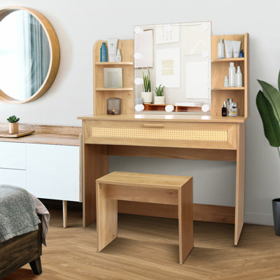 Vanity Desk Set Stool  Dressing Table with LED Lighting Mirror Drawer and Compartments