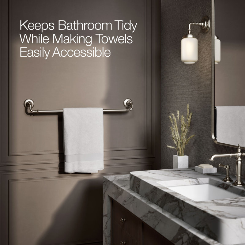 Artifacts® Wall Mounted Towel Bar, Vibrant Brushed Nickel, 3" H x 33" W x 3.5" D