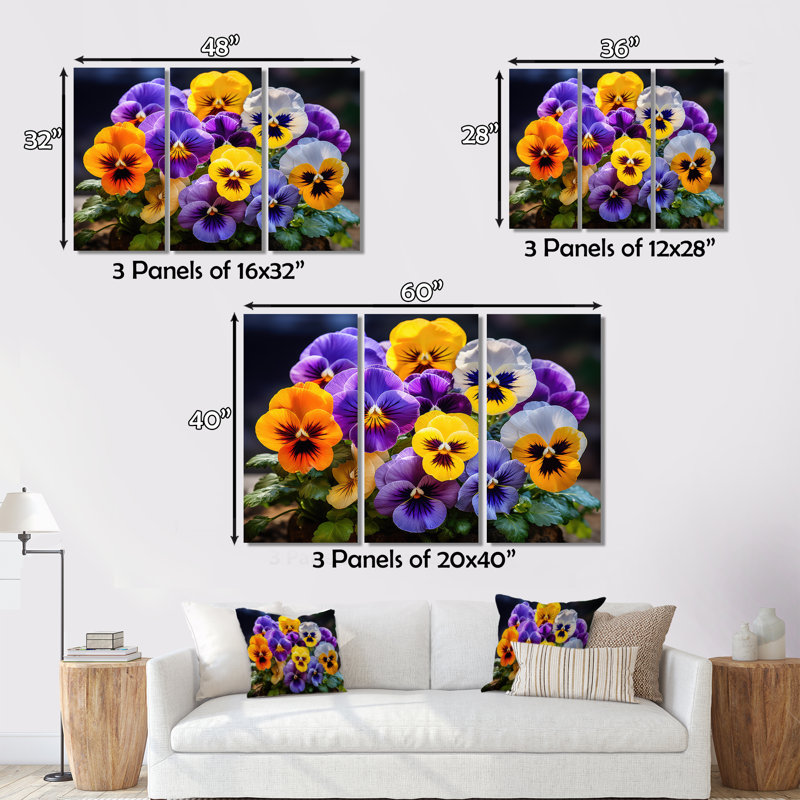 «Purple Pansies Vibrant Pansies», reproduction d'art sur toile encadrée, H 24 po x l 32 po x P 1 po, Cadre flottant brun