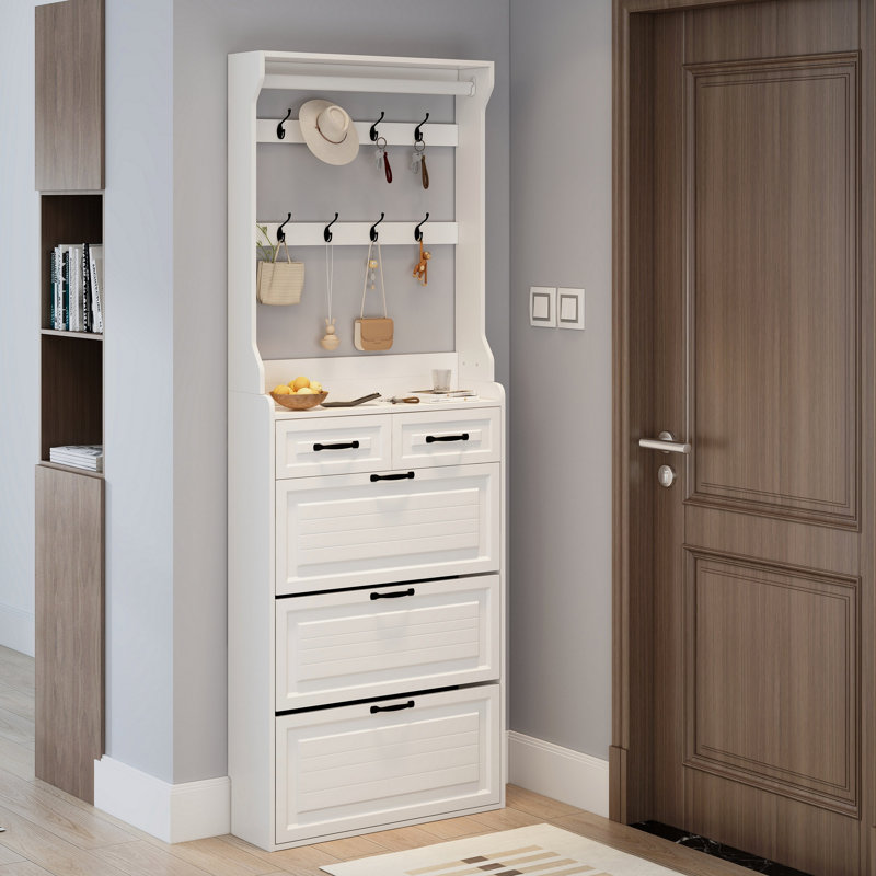 NEW White Color Shoe Cabinet  With 3 Doors 2 Drawers With Hanger,Large Space For Storage, White