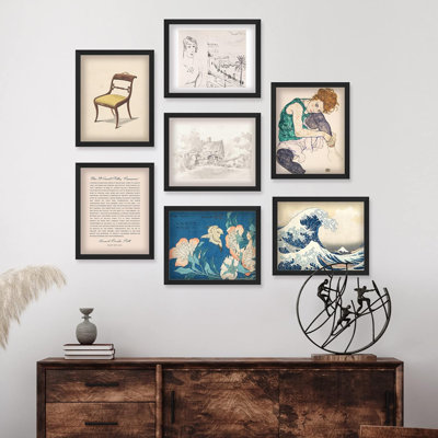 Vague de kanagawa, variété de fleurs océaniques abstraites géométriques encadrées sur papier, 7 pièces