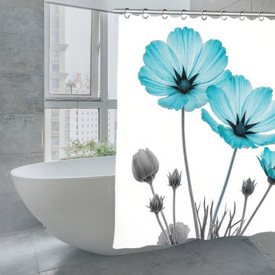 Turquoise Cosmos Flowers Shower Curtains, 71 X 71