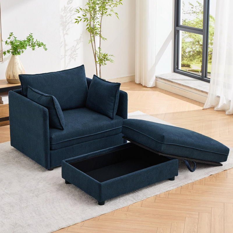 Très grand fauteuil d'appoint en chenille surdimensionné à assise profonde, méridienne rembourrée, repose-pieds avec rangement assorti et trois coussins décoratifs, parfait pour un appartement, une chambre à coucher ou un salon