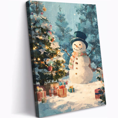 Grande art mural sur toile de Noël - bonhomme de neige rétro et peinture d'arbre de Noël, impressions sur toile des Fêtes, scène d'art d'hiver, image murale pour le salon, œuvre d'art des Fêtes à la ferme, prête à être suspendue, 20 po x 30 po