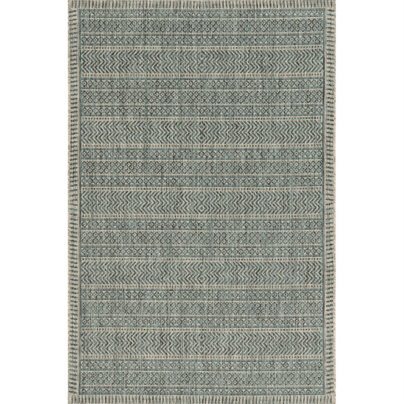 Sedona Striped Tribal Bohemian Teal/Natural Indoor/Outdoor Performance Area Rug, Rectangle 7'10" x 10'10"