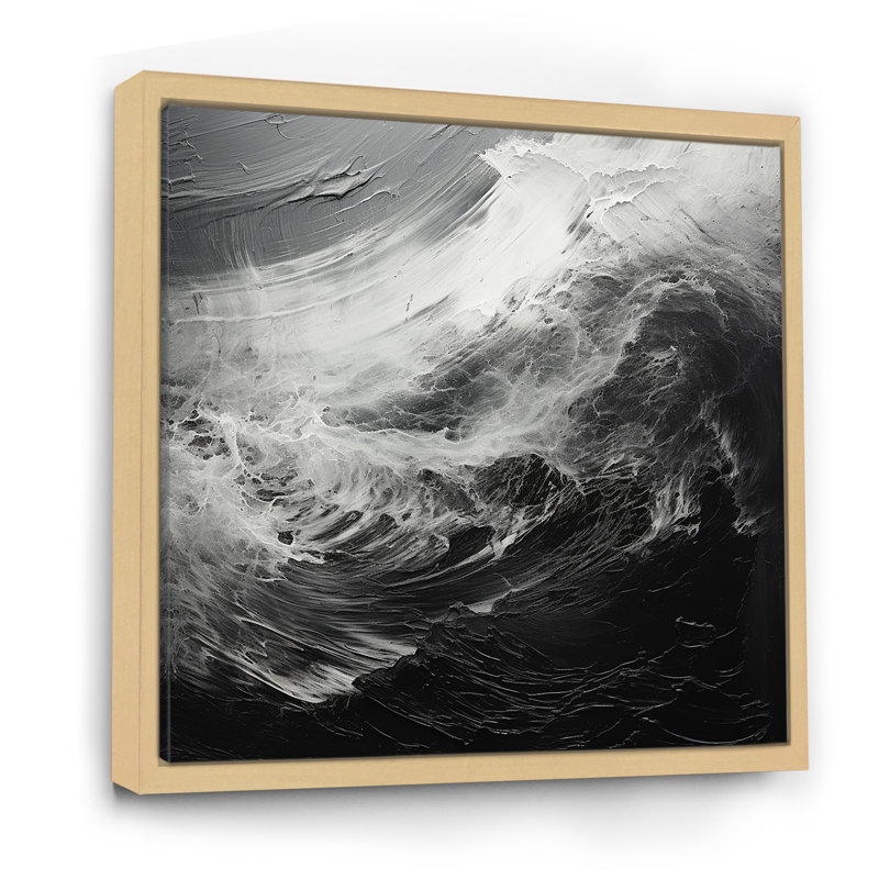 Tempête de vague noire et blanche II sur toile, Cadre naturel flottant, H 24 po x l 24 po