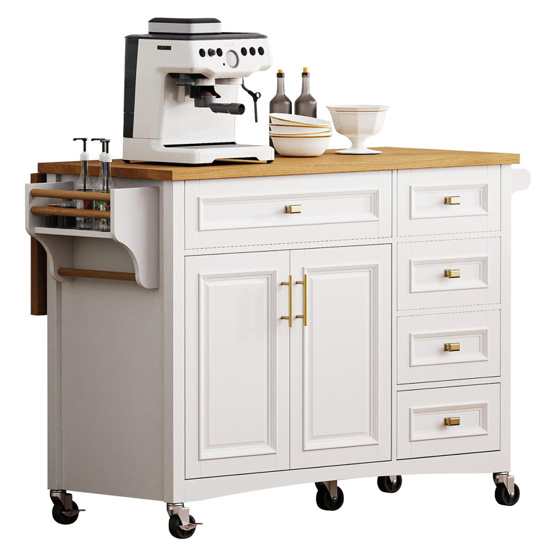 52'' Kitchen Island With Drop Leaf, Embossed Texture Kitchen Island On Wheels With Spice Rack, Towel Rack, 2 Doors And 5 Drawers, Kitchen Storage Cart With Adjustable Shelf For Kitchen, White