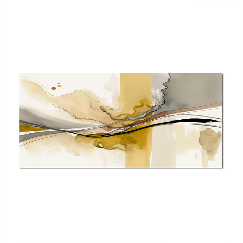 Touché par jaune moutarde et gris ultime IV - Abstrait, encres liquides, Toile tendue, H 28 po x l 60 po x P 1,5 po
