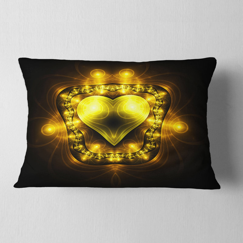Jaune vif en fleur fractale noire - coussin imprimé abstrait