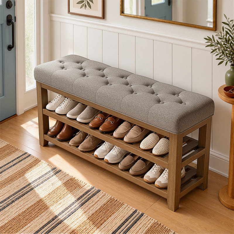 Upholstered Bench with Shelves, 45.28 inch, Taupe