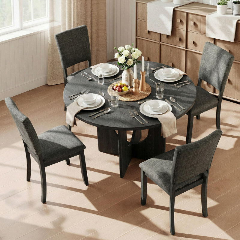 Ensemble de table de salle à manger 5 pièces avec 4 chaises rembourrées et plateau de table rond en bois massif de 47,3 po