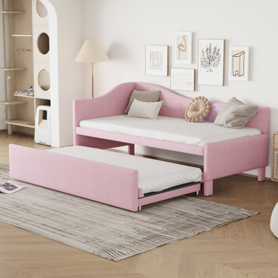 Lit de jour simple tapissier en L rembourré avec couchette escamotable, rose