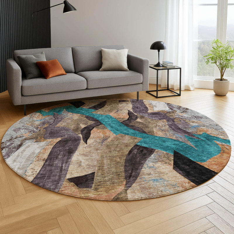 Premium Machine Washable Mayfield AMF2191 abstract Rug, Gray, 8' Round