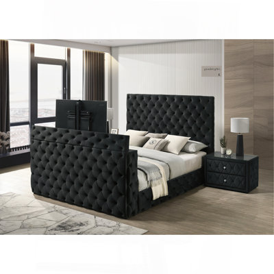Luxurious King Size Bed Nightstand Set Deeply Tufted Headboard Upholstery Black Velvet Footboard Integrated Television Lift Mechanism Storage 3Pc Set