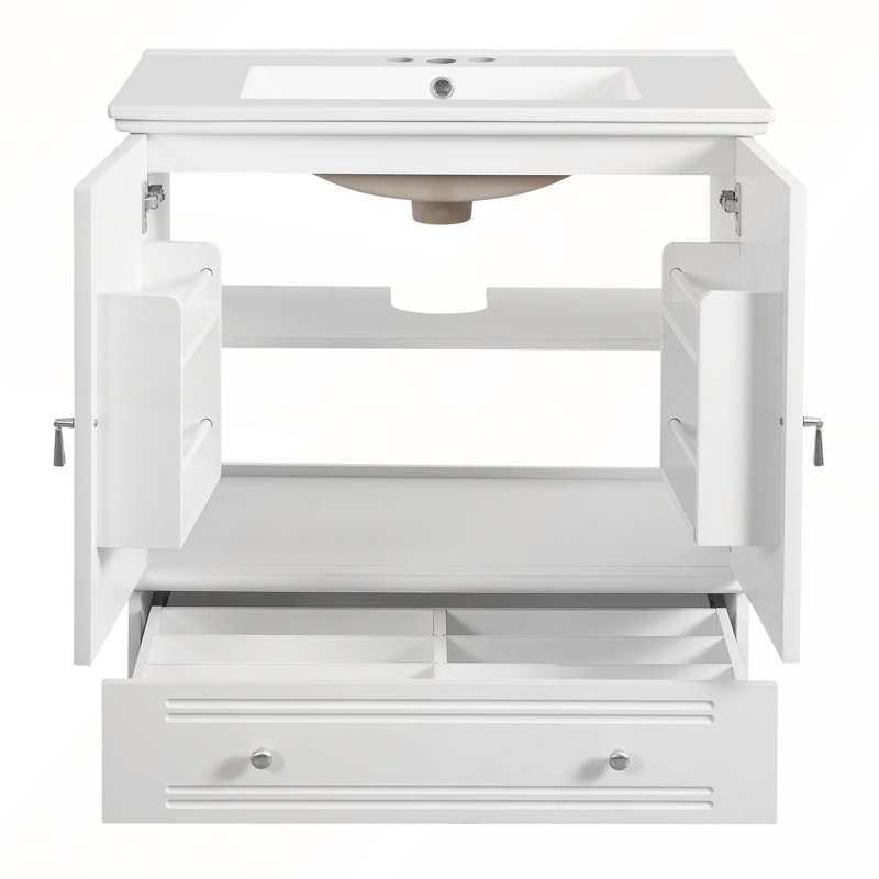 Meuble-lavabo de 30 pouces avec lavabo en céramique, tablette réglable et cloison de tiroir pour un rangement et une durabilité accrus