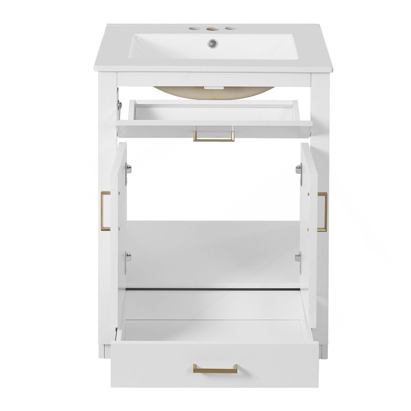 Meuble-lavabo 24 po avec lavabo en céramique intégré, armoire de salle de bain avec 2 portes, 1 tiroir basculant, meuble-lavabo simple pour salle de bain petite et moyenne, blanc