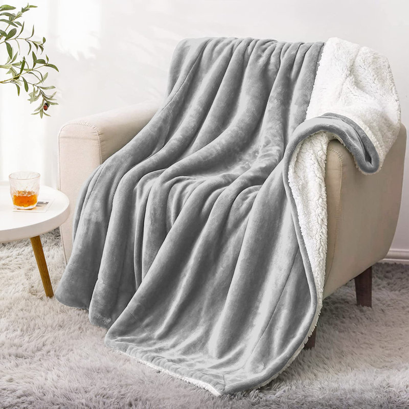 Sherpa Fleece Fur Thick Reversible Blanket Throw, Silver, 240cm x 200cm