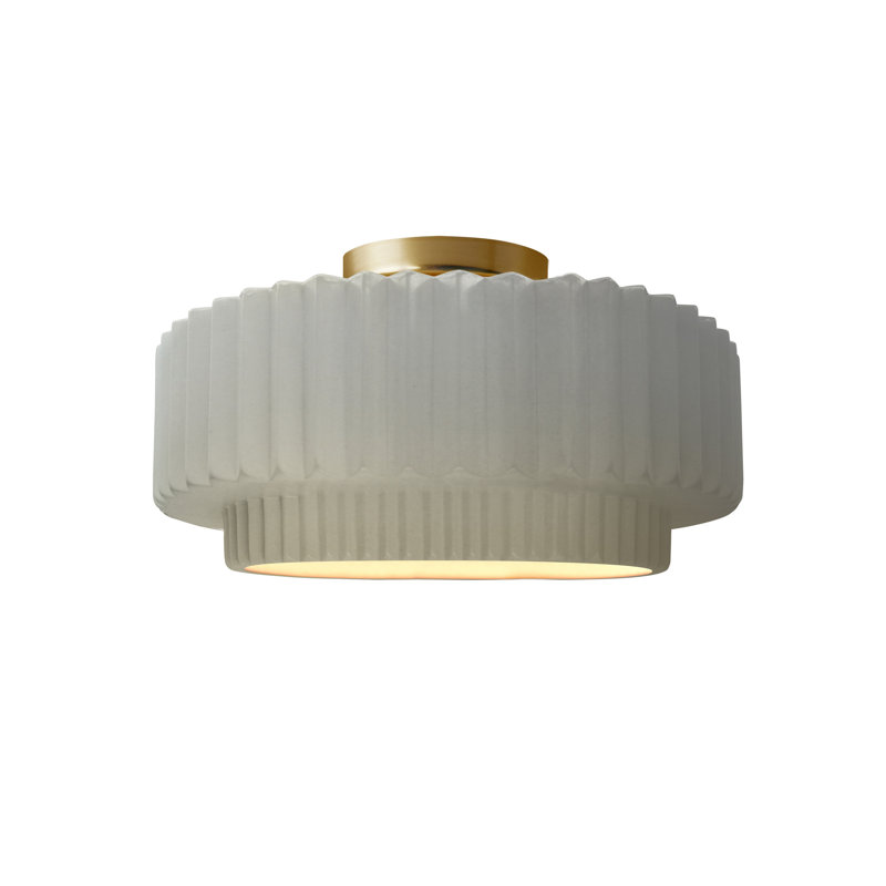 Radiance Ceramic Pleated Semi-Flush Mount, Matte White, Brushed Brass, 7" H x 12" W x 12" D