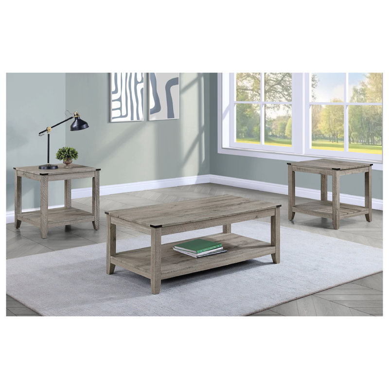 Ensemble de table basse rustique gris brun 3 pièces comprenant une table basse rectangulaire et deux tables d'appoint carrées, mobilier de salon en bois d'ingénierie