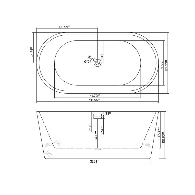 59'' L × 30'' W Oval Freestanding Acrylic Bathtub, Gloss White Soaking Tub with Center Drain, Modern Stand Alone Bathtub for Bathroom Relaxation