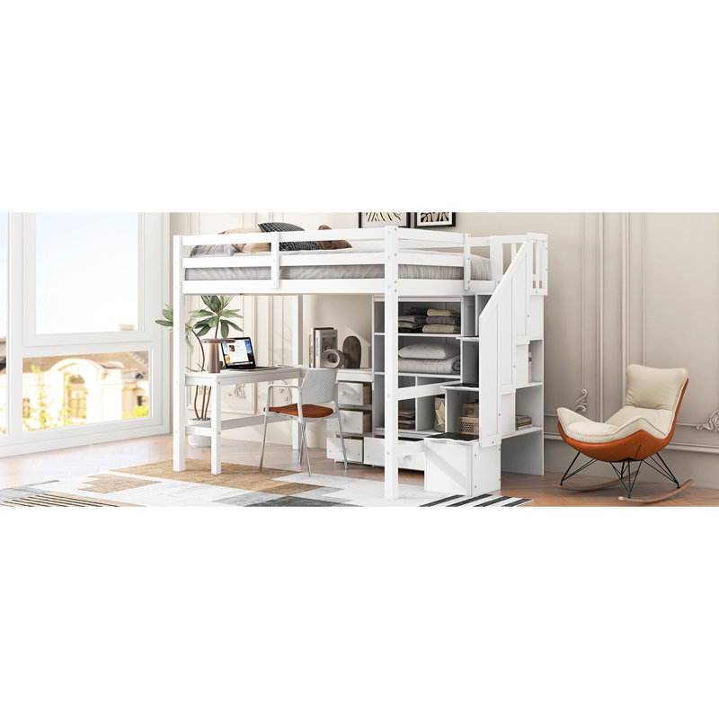 Lit mezzanine double avec bureau en L, tiroirs, armoire et escalier de rangement - armoire de couleur blanche moderne et lumineuse