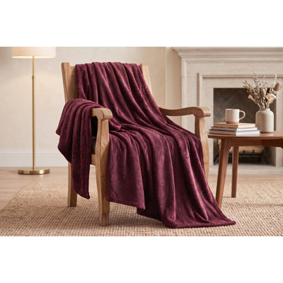 Plaid en flanelle pelucheuse à motif baroque en relief, jeté de canapé doux et confortable en maille, 122 x 152 cm, rouge bordeaux