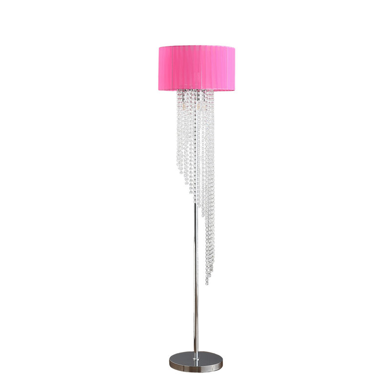 Lampe sur pied Mero, chaînes de pluie en cristal suspendues, abat-jour blanc, 66 po, rose