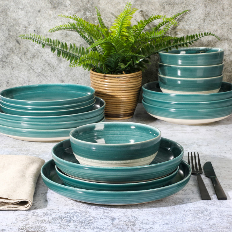 Teal Ceramic 16-Piece Round Dinnerware Set for 4