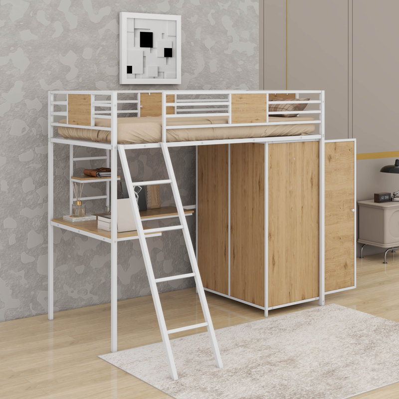 Lit mezzanine simple avec bureau en L et garde-robe, Blanc
