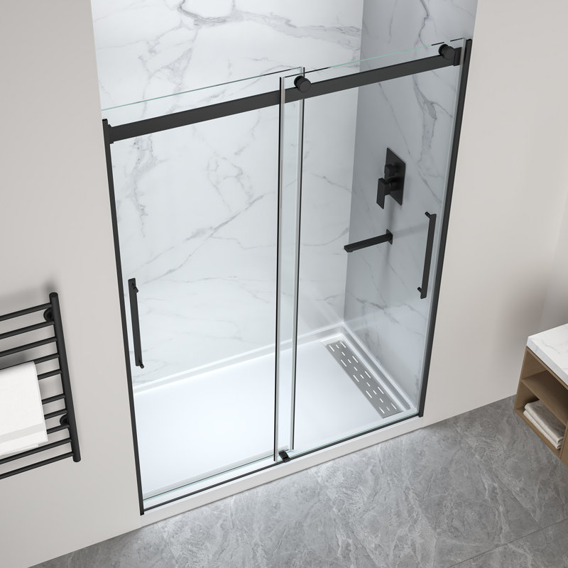 Stellar Series 76 In. X 57-60 In. Frameless Sliding Shower Door In Matte Black With Alcove Right Drain Shower Base