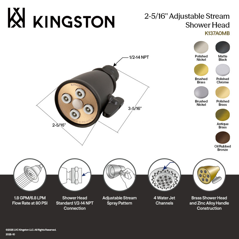 Kingston Brass Shower Scape 2-5/16-Inch Round Adjustable Jet Spray Brass Shower Head, Polished Nickel