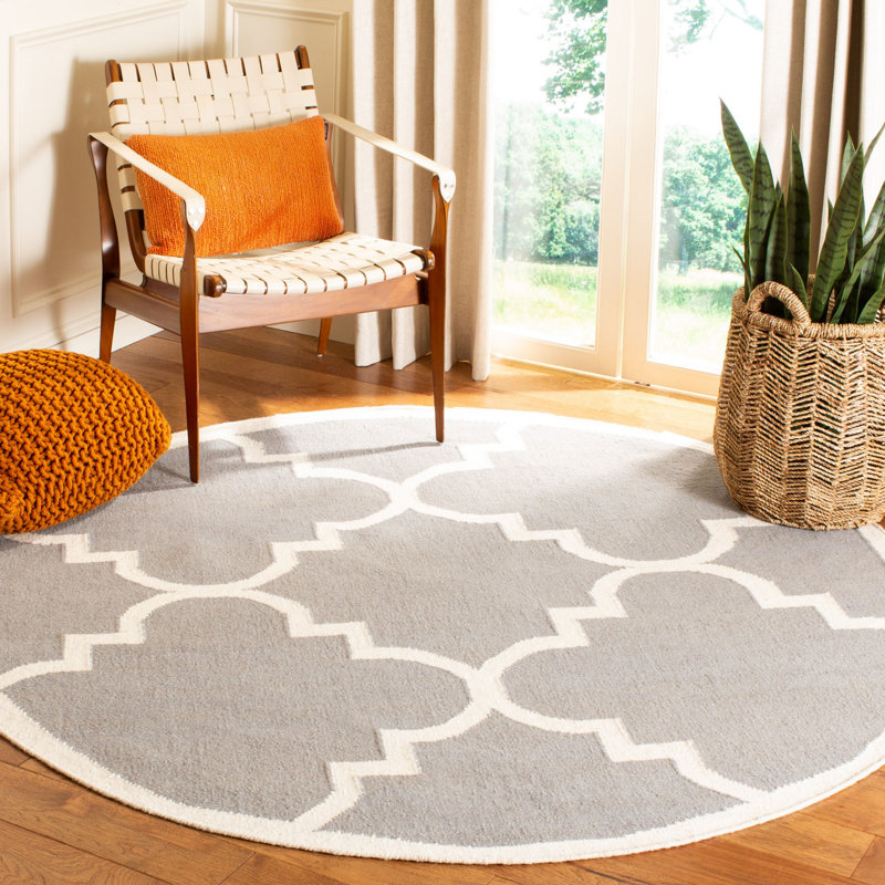 Rodgers Hand Woven Flat Weave Wool/Cotton Geometric Rug in Ivory/Gray, Round 6'
