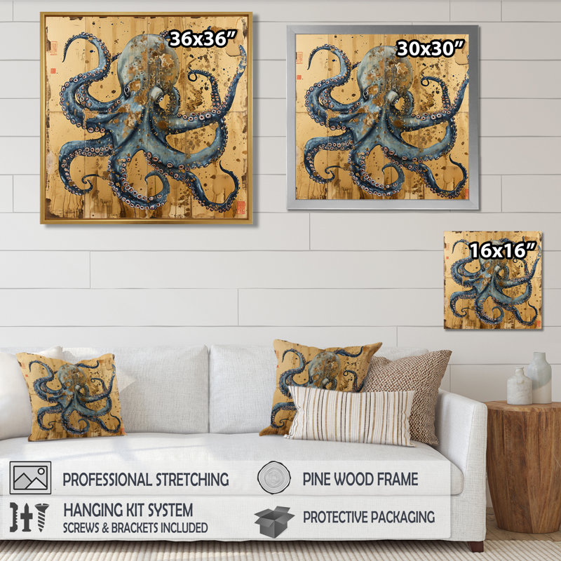 Pieuvre bleue asiatique rétro or - pieuvre / calmar animal, art mural, H 36 po x l 36 po, Toile brune avec cadre flottant