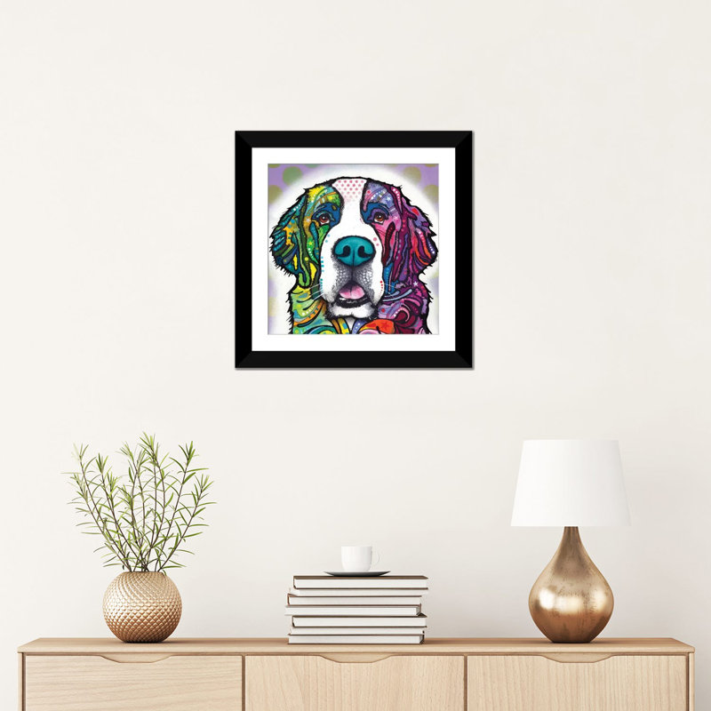 « saint bernard », impression sur toile, H 16 po x l 16 po x P 1 po, Papier d'art encadré noir, Blanc