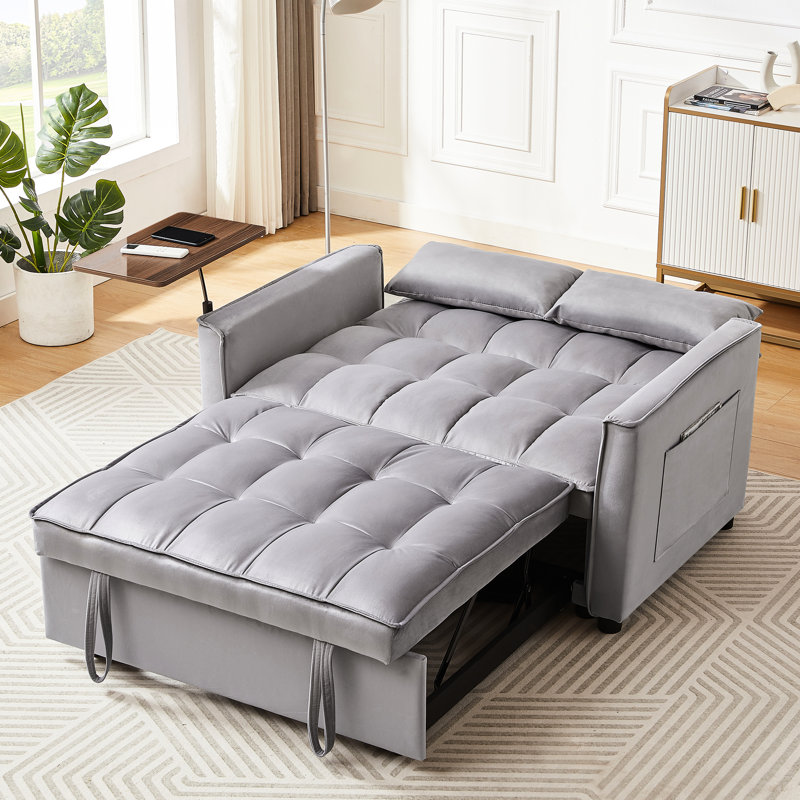 Lit en velours gris - table d'appoint et structure en bois massif avec table, conception moderne, se transforme facilement en lit, positions de confort multiples, qualité pratique et durable