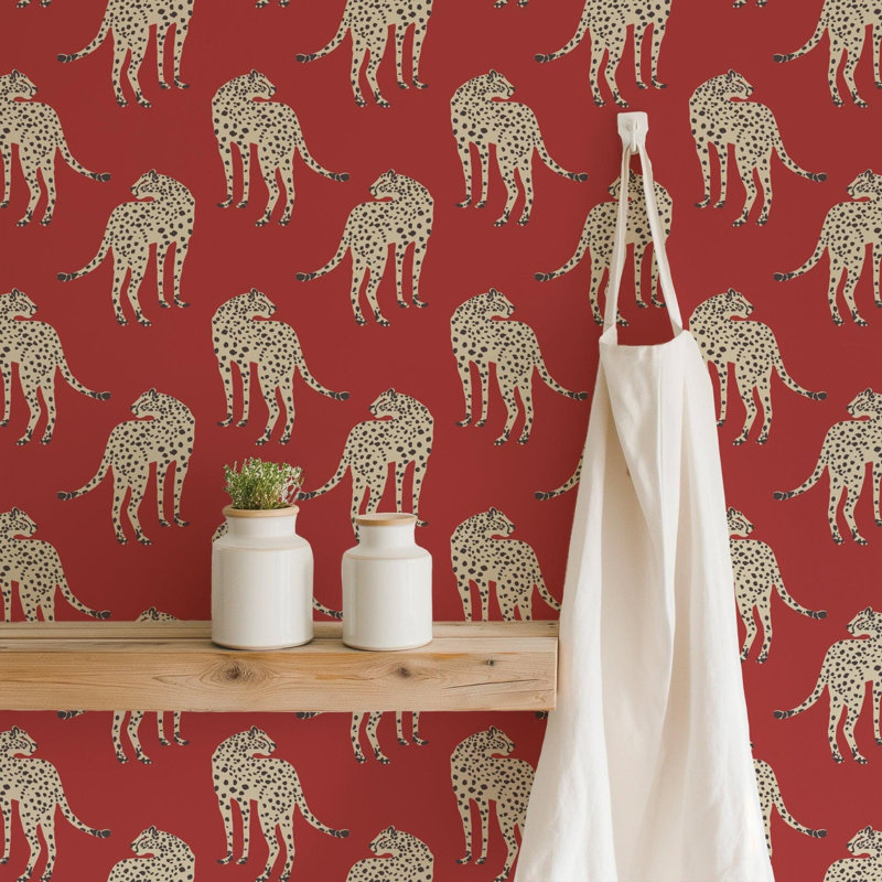 Prowling Cheetah - Wallpaper, Red, Faux Grasscloth, Non-Pasted