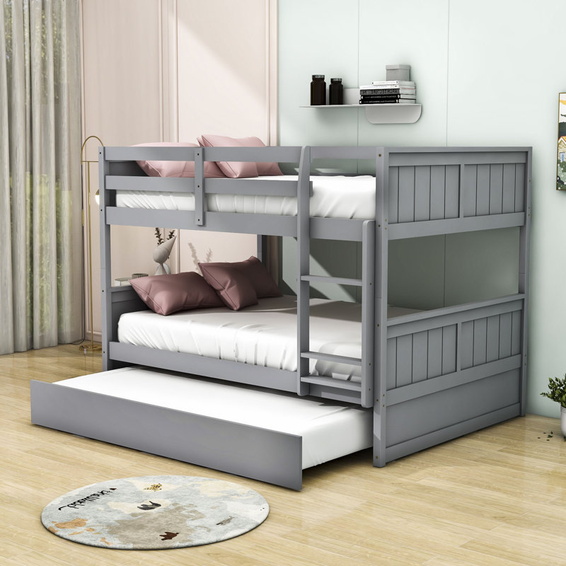 Isiah Full Over Full Wooden Bunk Bed with Twin Size Trundle, Gray