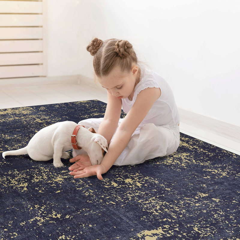 Low-pile Area Rug - Washable, Non-shedding, For Dining Room, Kitchen (black + Gold, 2'6'' X 10' Washable With Non-slip Backing Foldable, Bedroom