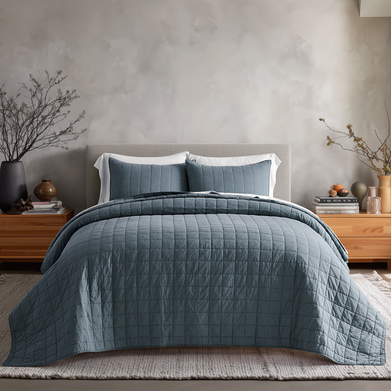 Ensemble de courtepointe 100% coton, Courtepointe très grand et 2 très grandes taies , Bleu minuit